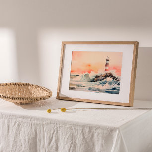 Lighthouse's Embrace: Coastal Watercolor Painting Poster