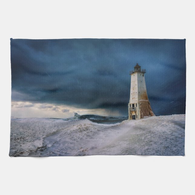 Lighthouses | Frankfort Lighthouse Lake Michigan Tea Towel (Horizontal)
