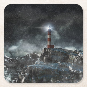 Lighthouses   Lighthouse in the Storm Square Paper Coaster
