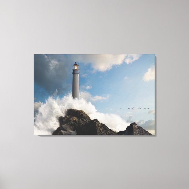 Lighthouses | Lighthouse With Crashing Waves Canvas Print (Front)