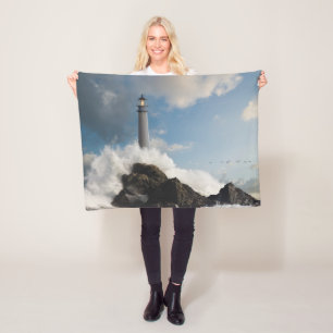 Lighthouses Lighthouse With Crashing Waves Fleece Blanket
