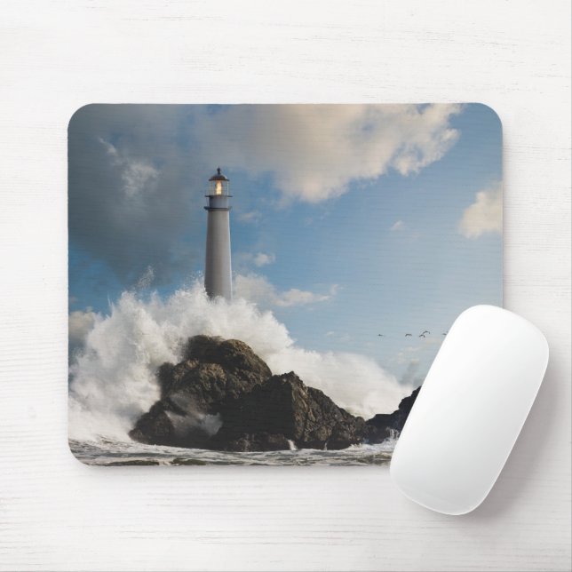 Lighthouses | Lighthouse With Crashing Waves Mouse Pad (With Mouse)