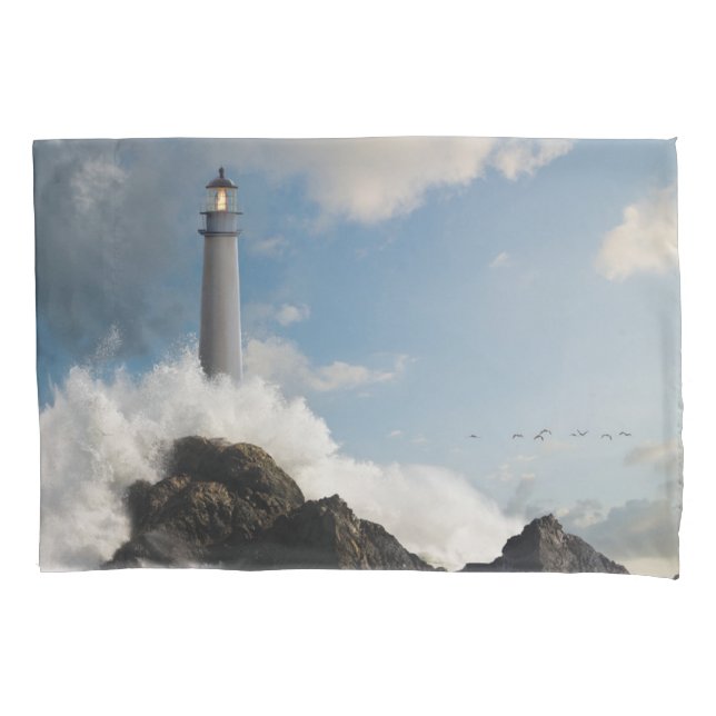 Lighthouses | Lighthouse With Crashing Waves Pillowcase (Front)
