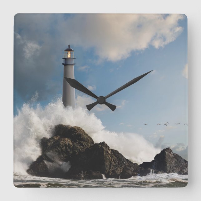 Lighthouses | Lighthouse With Crashing Waves Square Wall Clock (Front)
