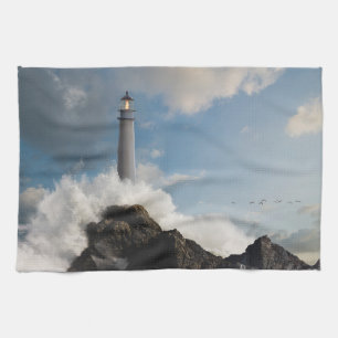 Lighthouses   Lighthouse With Crashing Waves Tea Towel