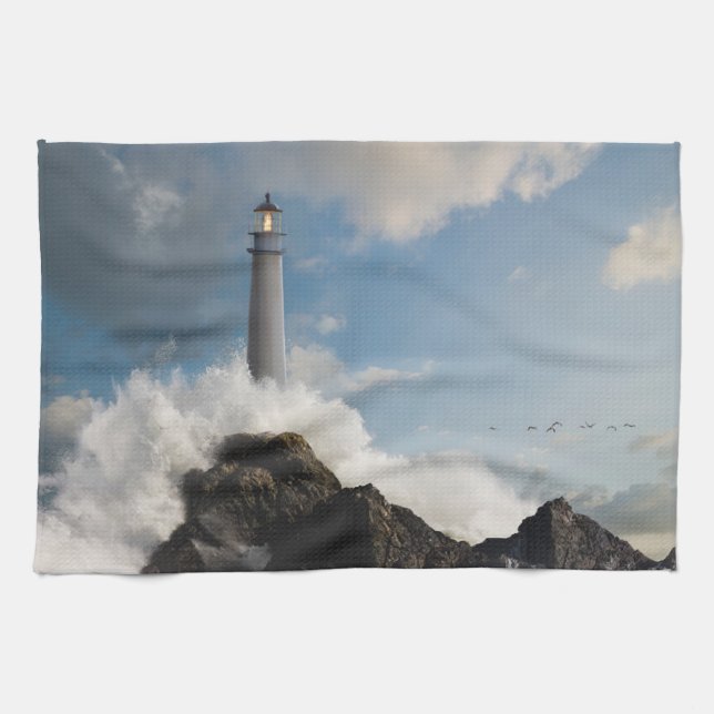 Lighthouses | Lighthouse With Crashing Waves Tea Towel (Horizontal)
