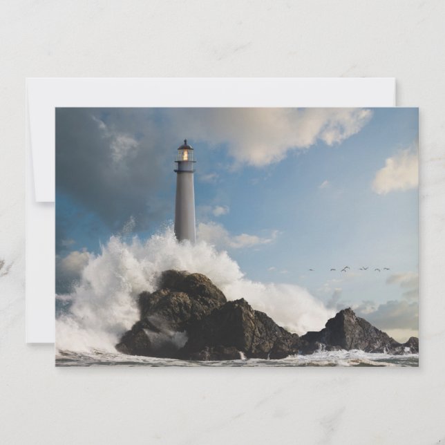 Lighthouses | Lighthouse With Crashing Waves Thank You Card (Front)