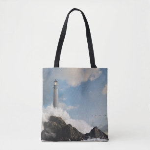Lighthouses Lighthouse With Crashing Waves Tote Bag