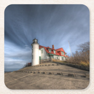 Lighthouses Point Betsie Lake Michigan Square Paper Coaster