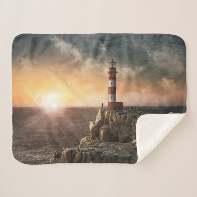 Lighthouses | Red & White Lighthouse Sherpa Blanket (Front (Horizontal))