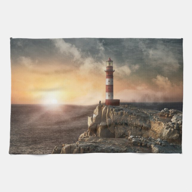 Lighthouses | Red & White Lighthouse Tea Towel (Horizontal)