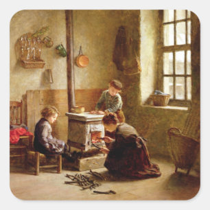 Lighting the Stove, 1886 (oil on panel) Square Sticker