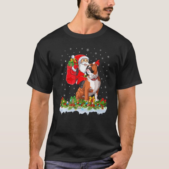 Lighting Xmas Santa Claus Riding English Bulldog C T-Shirt (Front)