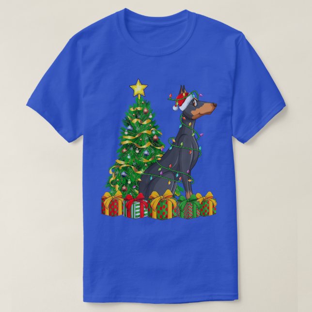 Lighting Xmas Tree Matching Doberman Pinscher Chri T-Shirt (Design Front)