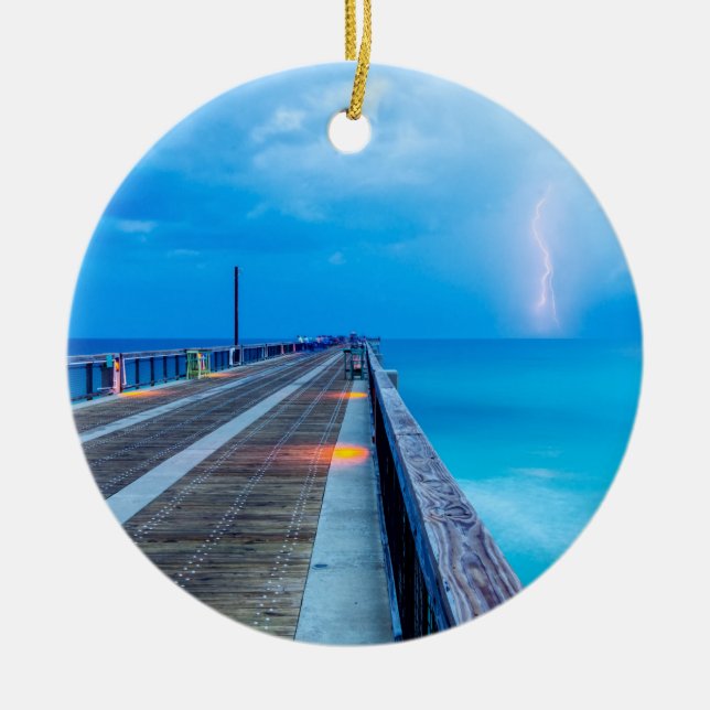 Lightning At Navarre Beach Pier Ceramic Ornament (Front)