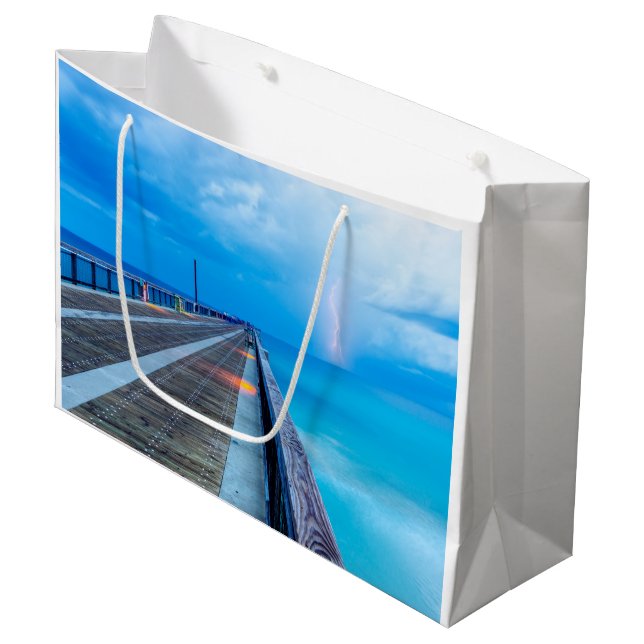 Lightning At Navarre Beach Pier Large Gift Bag (Front Angled)