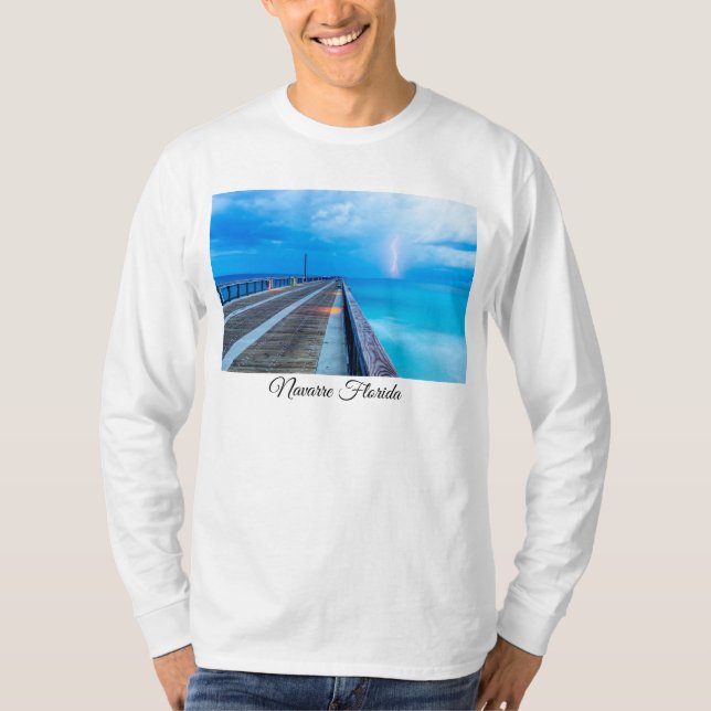 Lightning At Navarre Beach Pier Long Sleeve Shirt (Front)