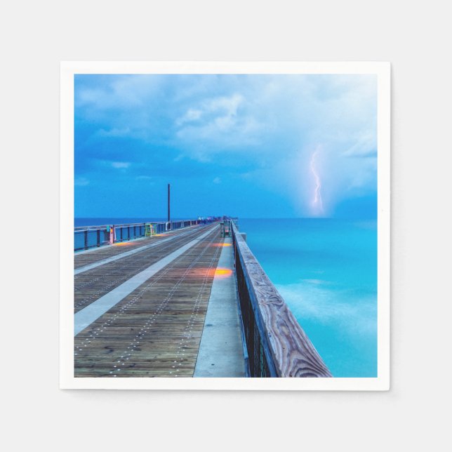 Lightning At Navarre Beach Pier Napkin (Front)