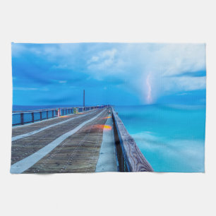 Lightning At Navarre Beach Pier Tea Towel