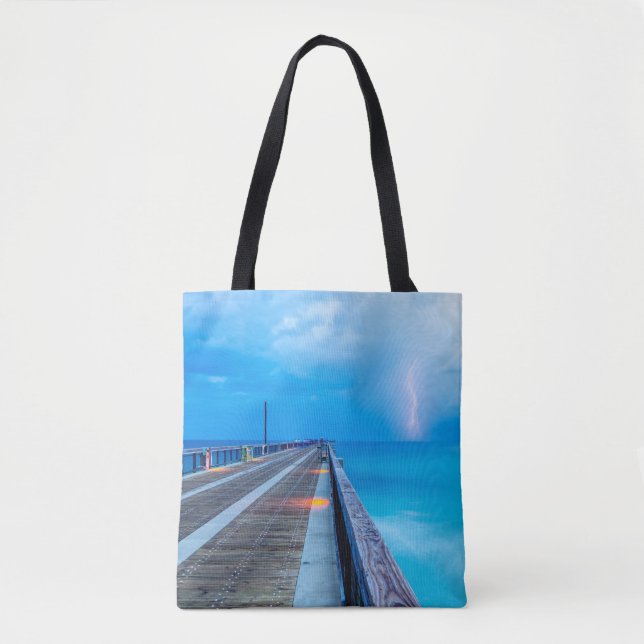 Lightning At Navarre Beach Pier Tote Bag (Front)