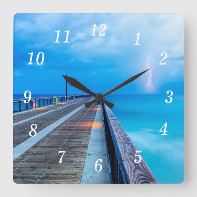 Lightning At Navarre Beach Pier Wall Clock (Front)