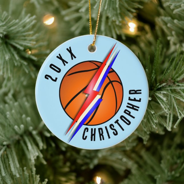 Lightning Bolts Basketball Christmas Ceramic Ornament (Tree)