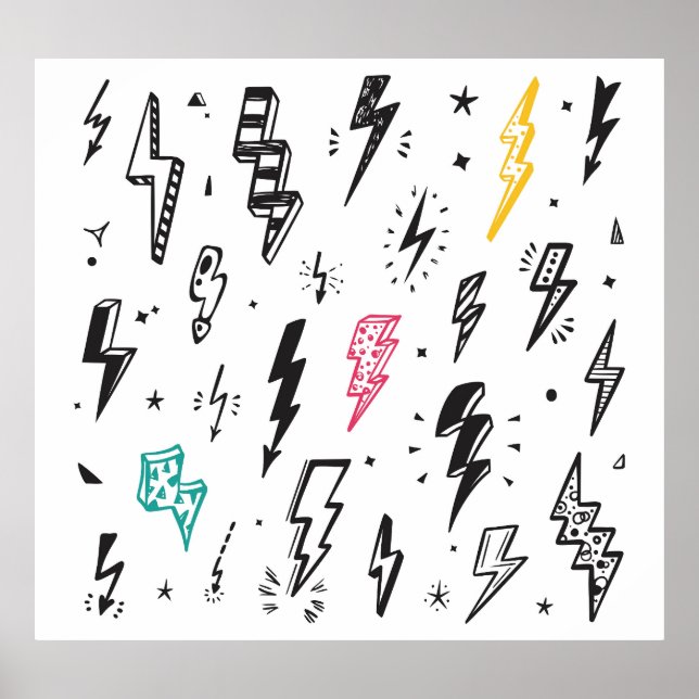 Lightning bolts, hand-drawn doodle set. poster (Front)