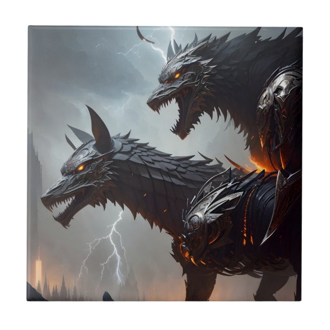 Lightning Cyborg Wolves Ceramic Tile (Front)