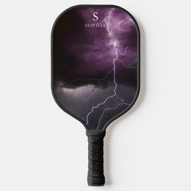 Lightning in Night Sky Thunderstorm Monogrammed Pickleball Paddle (Front)