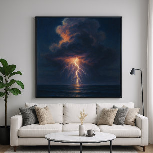 Lightning Night Storm - Pastel Painting Seascape Poster