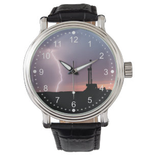 Lightning, Oil Drilling Rig, Purple Orange Sunrise Watch