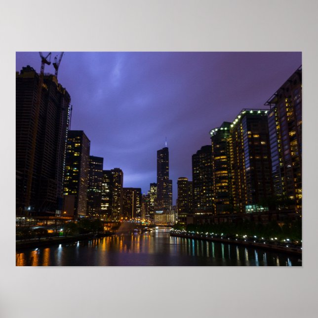 Lightning Over Chicago River Poster (Front)