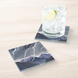 Lightning Storm Watercolor Dark Mountains Glass Coaster