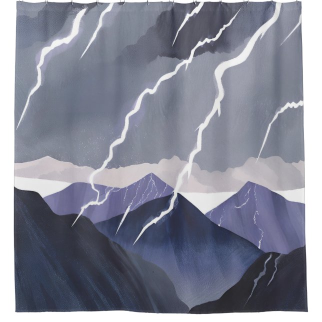 Lightning Storm | Watercolor Dark Mountains Shower Curtain (Front)
