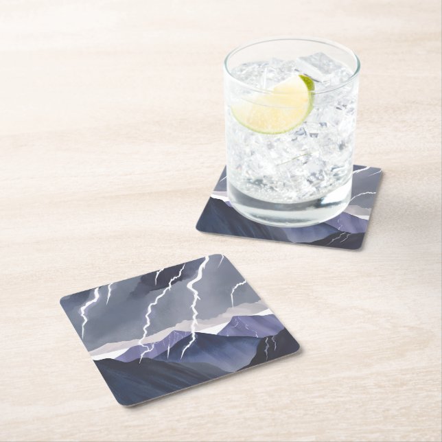 Lightning Storm | Watercolor Dark Mountains Square Paper Coaster (Insitu)
