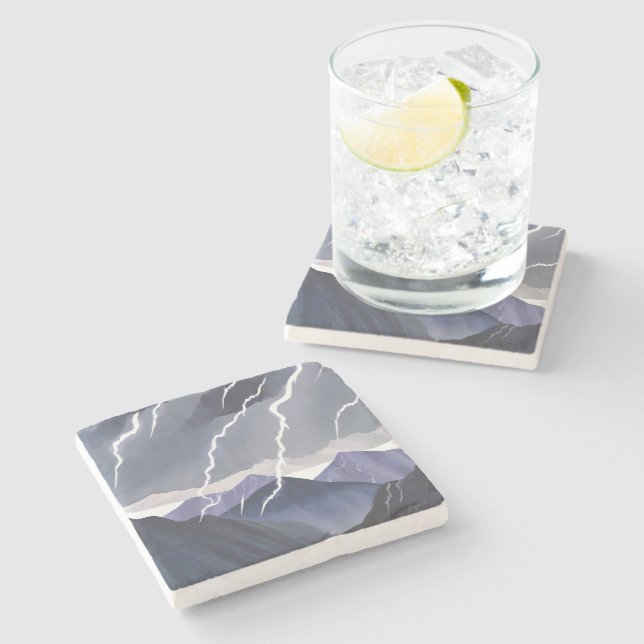 Lightning Storm | Watercolor Dark Mountains Stone Coaster (Side)