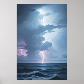 Lightning Storm with Ocean Poster