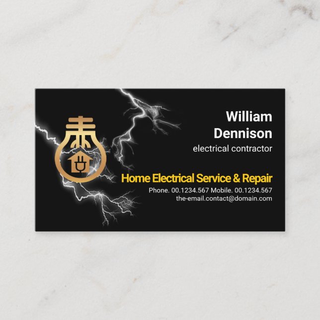 Lightning Strike Faux Gold Home Bulb Electrician Business Card (Front)