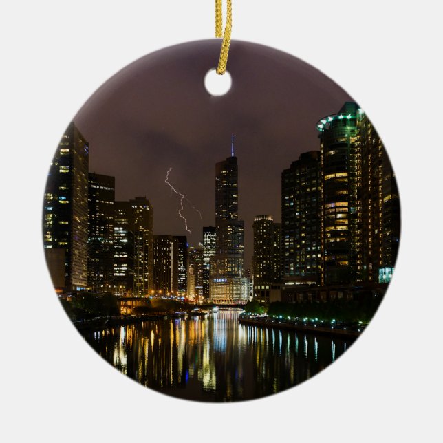 Lightning Strike Over Chicago River Ceramic Ornament (Front)