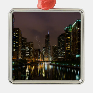Lightning Strike Over Chicago River Metal Ornament