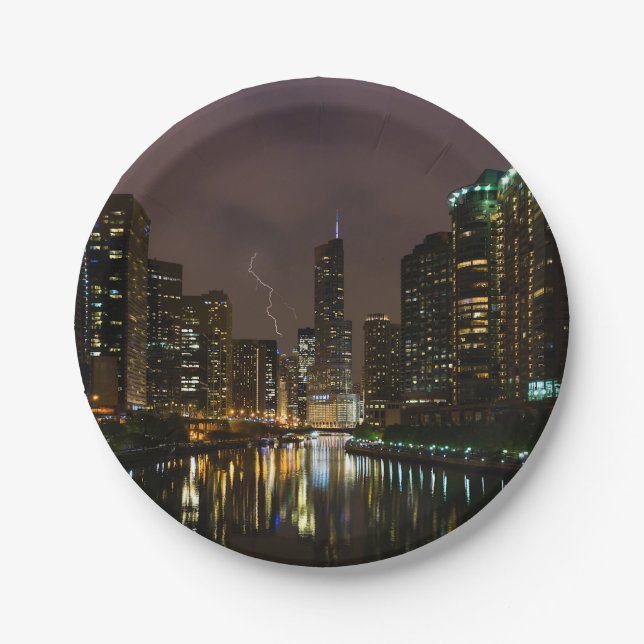 Lightning Strike Over Chicago River Paper Plate (Front)