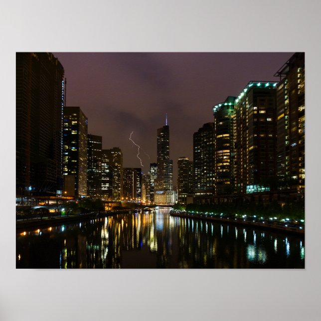 Lightning Strike Over Chicago River Poster (Front)