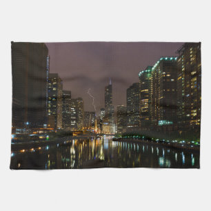 Lightning Strike Over Chicago River Tea Towel