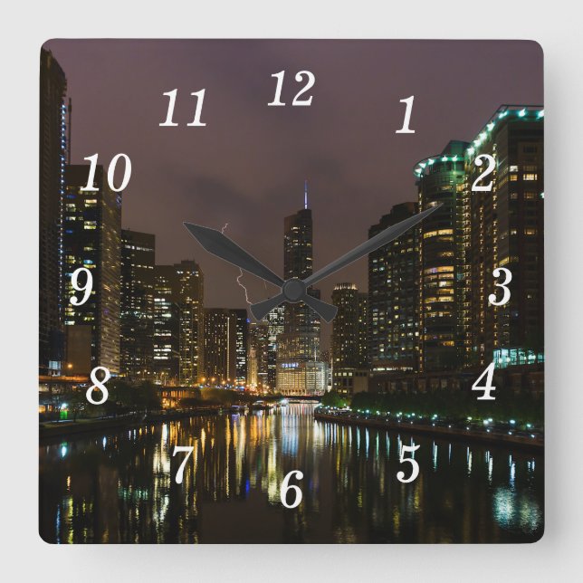 Lightning Strike Over Chicago River Wall Clock (Front)