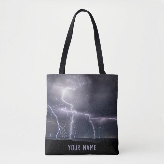 Lightning Strike Thunderstorm Black & Purple Phot Tote Bag (Front)