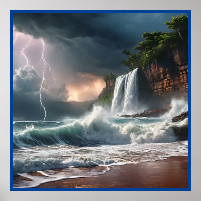 Lightning Strike Waves Beach Landscape Poster (Front)