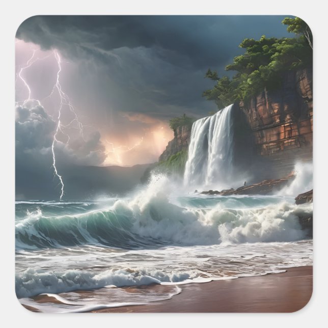 Lightning Strike Waves Beach Landscape Square Sticker (Front)