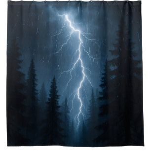 Lightning strikes a forest at night shower curtain