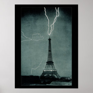 Lightning Strikes Eiffel Tower Vintage Photograph Poster