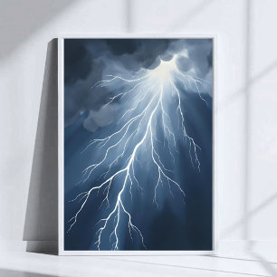 Lightning Strikes Stormy Sky Watercolor Poster